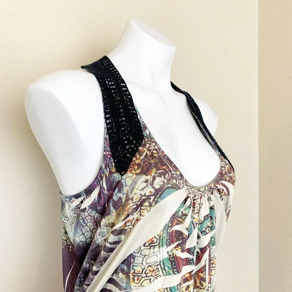 Live and Let Live | Women's Multicolor Black Lace Boho Tank Top | Size: L - Picture 3 of 8
